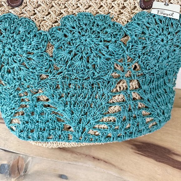 NWT‎ FOSSIL Hathaway Straw Tote Dark Teal and Tan Market Bag - Picture 3 of 6
